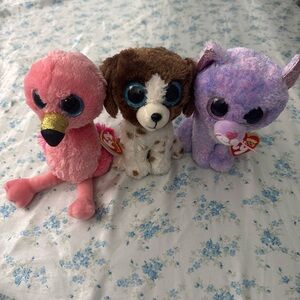 Ty Beanie Boos Trio - Pink Flamingo, Brown & White Puppy, Lavender Kitty